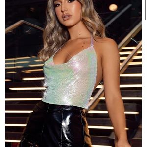 NWT metallic mesh halter in purple iridescent